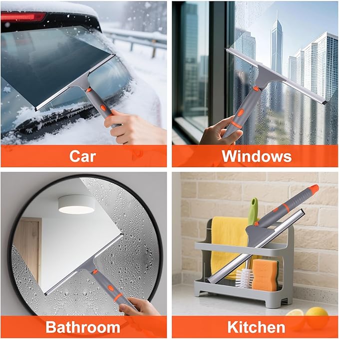 ITTAHO Shower Squeegee for Glass Doors, All-Purpose Anti-Slip Window Squeegee with 2 Blades, Window Cleaner Tool for Shower Doors, Windows, Bathroom and Car Windshields