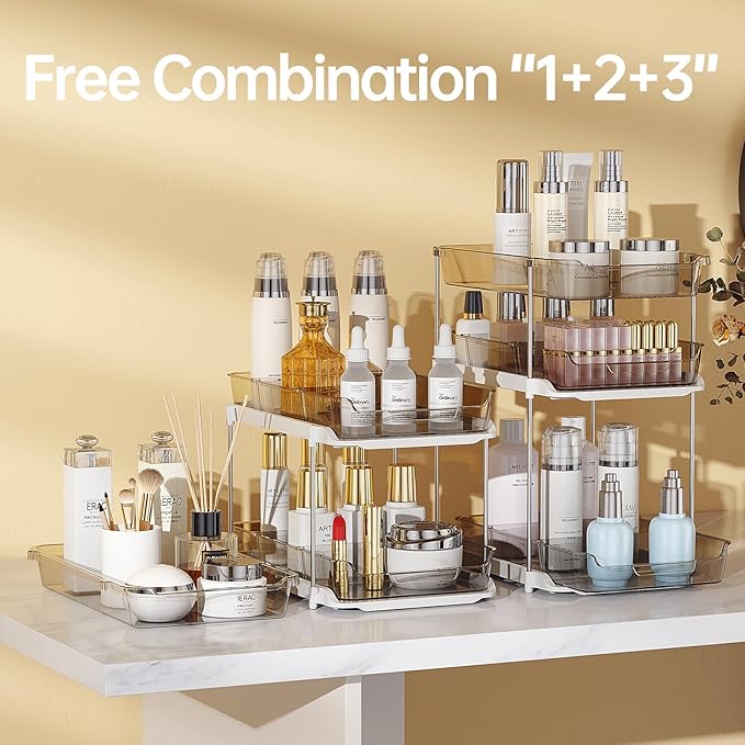 Delamu 2 Pack 3-Tier Bathroom Under Sink Organizers and Storage, Multi-Purpose Stackable Pantry Organization and Storage, Pull Out Clear Kitchen Bathroom Cabinet Organizer with Movable Dividers, Grey