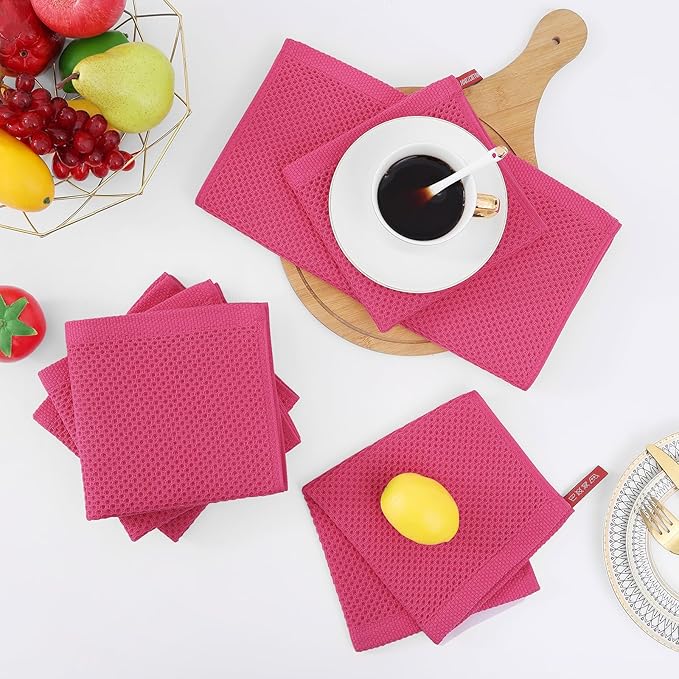 Homaxy 100% Cotton Waffle Weave Kitchen Dish Cloths, Ultra Soft Absorbent Quick Drying Dish Towels, 12 x 12 Inches, 8-Pack, Hot Pink