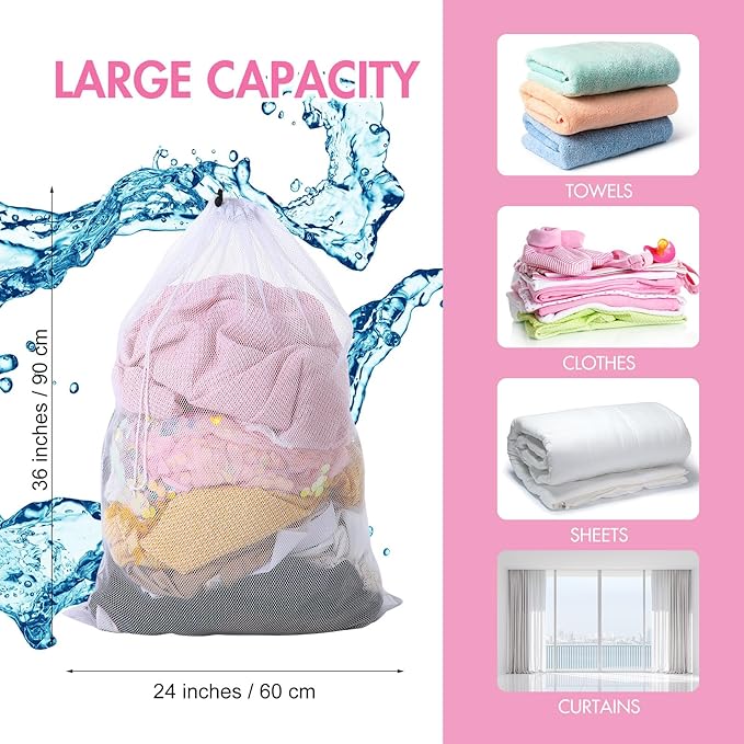 Berlune 30 Pack 24 x 36 Inches Large Mesh Bags for Laundry, Wash bags, Sturdy Mesh Material Closed with Drawstring, Factory, University, Dormitory, Travel and Apartment Dweller (White)