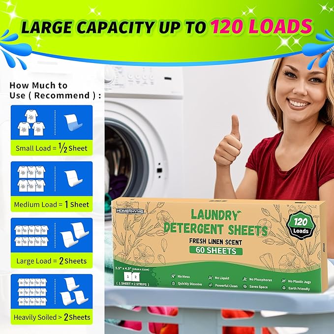 HOMERHYME Laundry Detergent Sheets - Fresh Linen 120 Loads Laundry Sheets Detergent, Bulk Travel Laundry Detergent Eco Friendly & Hypoallergenic Natural Detergent Sheets Strips Laundry Soap Sheets
