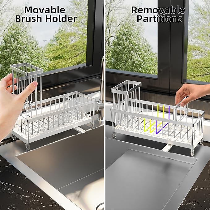 Moforoco Larger Version Sponge Holder for Kitchen Sink, Sink Caddy with High Brush Holder, Kitchen Sink Organizer Countertop Rustproof 304 Stainless Steel (Stainless Steel)
