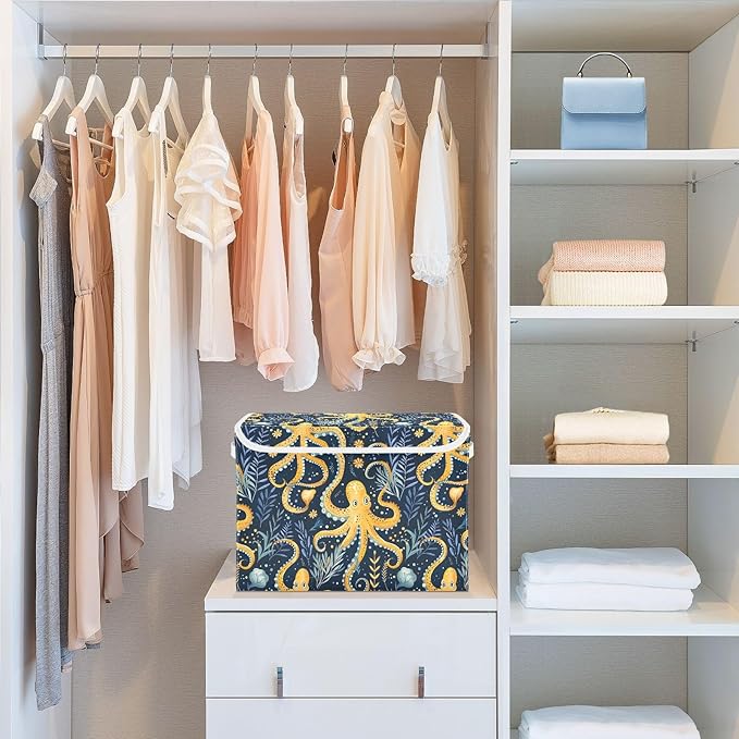 senya Large Storage Bins with Linen Collapsible Foldable Storage Cubes Fabric Closet Organizer Containers box with Flip-Top Lid for Home Bedroom Office 16.7 x 12.6 x 11.8in (Octopus and Water Grass)