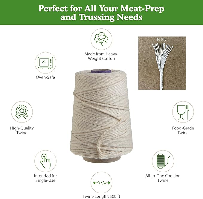 Regency Wraps Butchers Cooking Twine, Heavy Duty, 500 ft,16 Ply, 2.4mm, Food-Safe Cotton Kitchen String for Turkey Trussing, Meat Prep, Crafting, Natural, Pack of 2