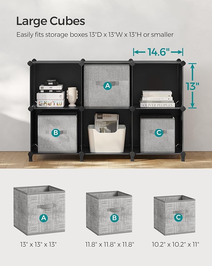 SONGMICS 6 Cube Storage Organizer, Modular Bookshelf, DIY Closet Organizers and Storage, Plastic Stackable Shelves, 14.6 x 13 x 13 Inch Cubes, with Feet and Rubber Mallet, Black ULPC206B01