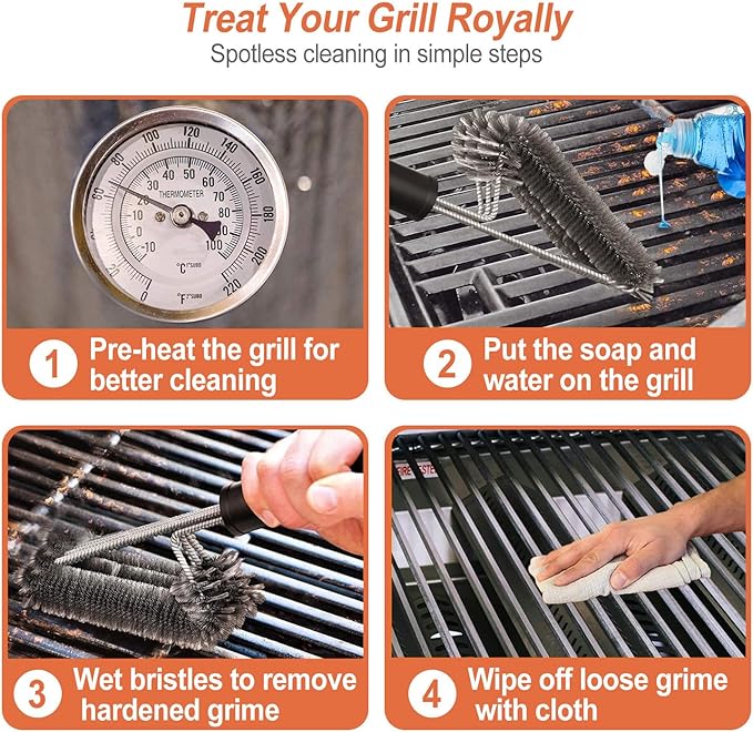 BBQ Grill Cleaning Brush, Stainless Steel Barbecue Brush with 18in Handle Wire Bristles Brush for Grill Cooking Grates