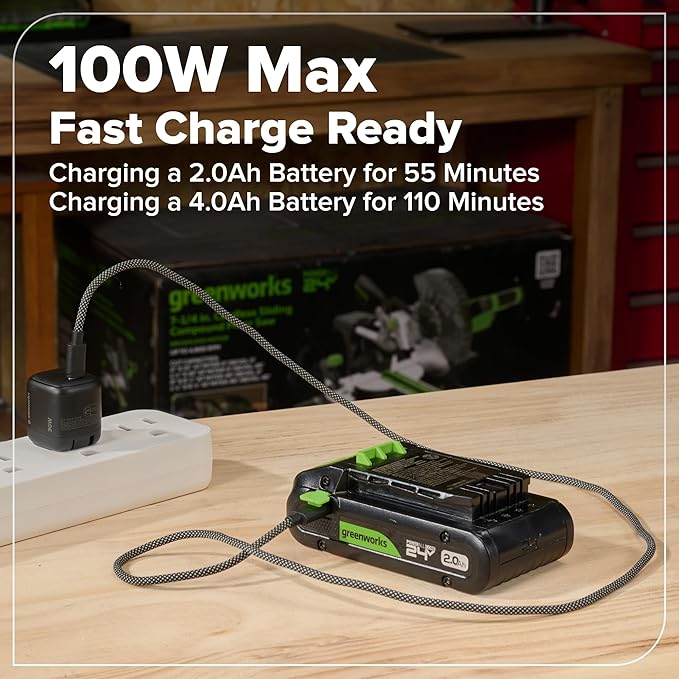 GREENWORKS 24V 1/2" Brushless Cordless Drill (400 In-lbs.), 2.0Ah (12,000mAh Power Bank) USB-C Batteries, 3.3 FT Braided Cable, 30W Charger