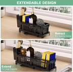 Extra Large Sponge Holder for Kitchen, Extendable Sink Caddy with High Brush Holder, Sink Caddy Organizer Rack for Sponge, Soap, Dish Brush, Scrubber, Kitchen Accessories for Organization