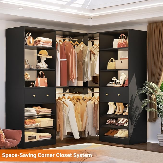 [10 FT Closet System] 120 Inch Reversible Set of 2 Wood Closet Organizer System with 2 Drawers, 4 Hanging Rods Adjustable Shelf, Walk In Closet Organizers with Shoe Rack, Garment Rack, Black