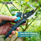 CYRUS Pruning Shears for Gardening 8" Pruners Trimming Scissors Non Stick Coating Blade Carbon Steel with Anti Slip Handle Scissors Widely Used for Gardening, Hydroponics, Grow Tents-CYRUS