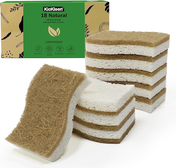 18 Pack Biodegradable Natural Kitchen Sponge - Compostable Cellulose and Coconut Walnut Scrubber Sponge - Eco Friendly Sustainable Sponges for Dishes
