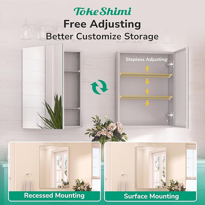 TokeShimi 36x24 Medicine Cabinet Mirror with Storage Tempered, Aluminum Surface Mount or Recessed Medicine Cabinet Silver with Adjustable Shelves for Bathroom Wall Cabinet Farmhouse
