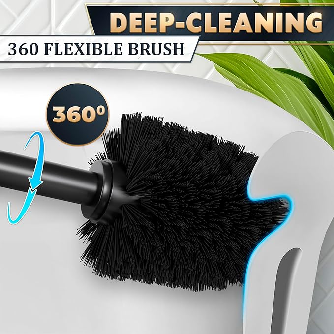 Black Toilet Brush with Square Stainless Steel Holder - Freestanding Toilet Brush and Holder Set Black - Removable Plastic Inner Cup, Splash Guard Cover, Replaceable Head, Corrosion Resistant Finish