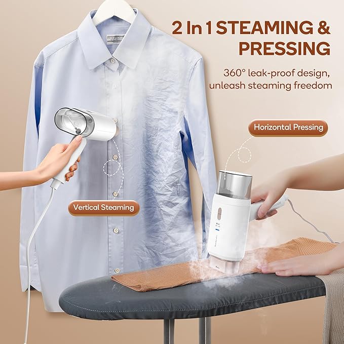Newbealer Dual Voltage Garment Steamer - 120V/220V, 1200W Powerful Steamer for Clothes, Home & Travel Use, Horizontal & Vertical Steaming, 20s Heat-up, Foldable, 1.72lbs, 180ml (Gold)