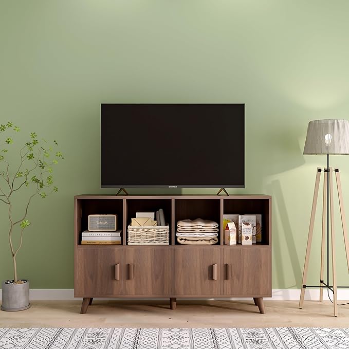 Cubby Shelf Bookcase with Doors - Wooden 8 Cubes Floor Standing Open Bookshelf with Solid Wood Legs, 2-Tier Low Storage Cabinet, Walnut