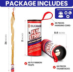 Fly Strips Indoor Sticky Hanging 48pk with Pins. Non Toxic Outdoor Fly Trap Indoor for Home. Flies Tape Paper Trap Ribbon Roll for House Gnat Fruit and Housefly. Bug Catchers for Inside Home Flypaper