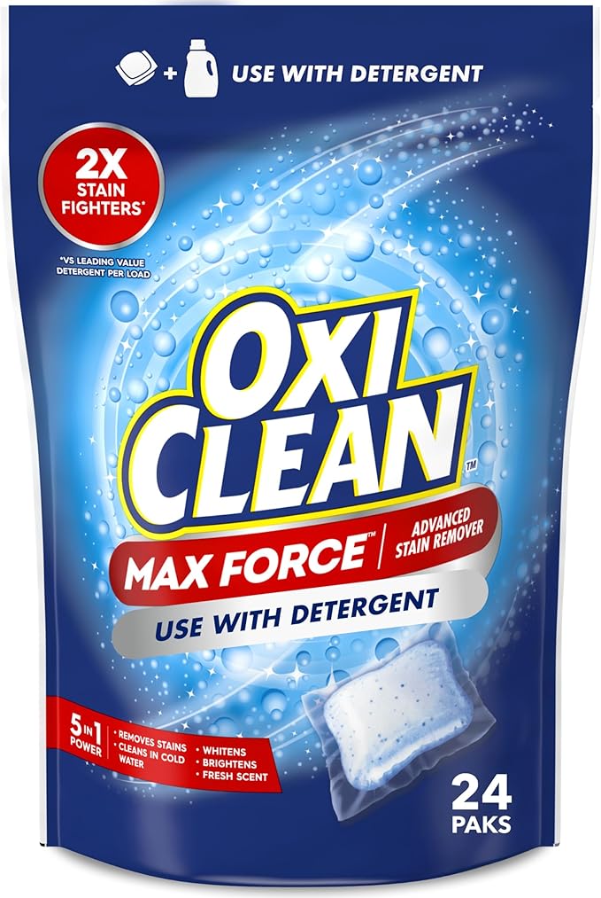 OxiClean Max Force Advanced Stain Remover Power Paks, Color-Safe, Bleach-Free Kids and Baby Essential, Use with Detergent to Remove Messy Stains like Berries, Juice, Mud, Grass, 24 Count
