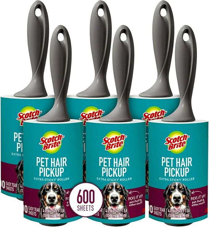 Scotch-Brite Pet Hair Pickup Extra Sticky Lint Roller, Designed for Removing Fur + Fluff on Couches, Clothes, Dog and Cat Beds, & More, 6 Pack, 600 Easy-Tear Adhesive Sheets Total