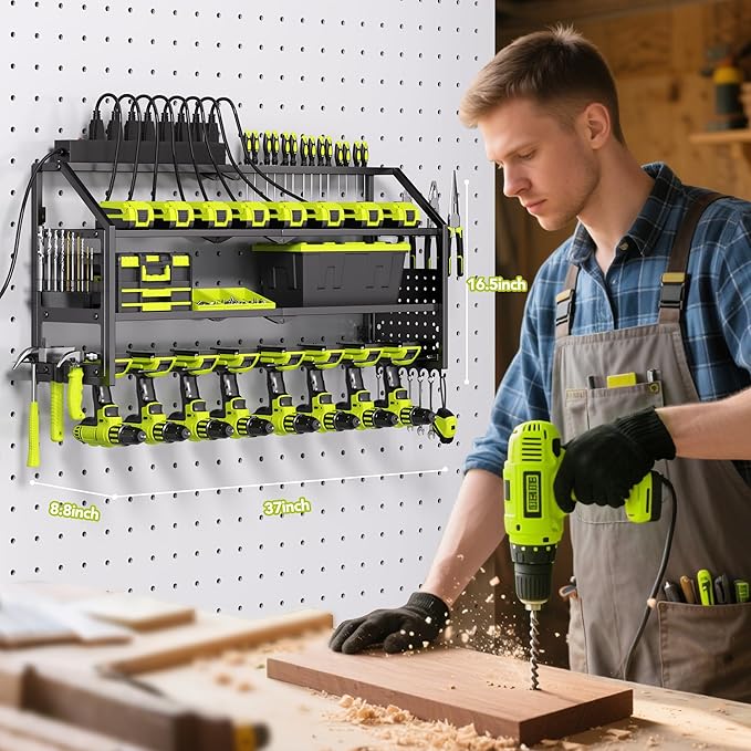 Power Tool Organizer Wall Mount with Charging Station, 8 Drill Holder with 8-Outlet Power Strip, Garage Cordless Drill Storage and Organization, Battery Utility Rack