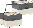 Shoe Organizer for Closet, 2 Pack Shoe Storage Organizer with Wheels and Adjustable Dividers, Stackable Shoe Storage Box with Clear Cover, Closet Shoe Organizer Fits up to 16-32 Pairs, Gray and Beige