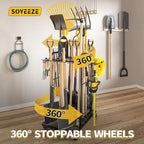 SOYEEZE Garden Tool Organizer with Lockable Wheels, Heavy Duty 3-Tier Yard Tower Tool Rack for Garage, Holds Up to 35 Long-Handled Tools, Garden Tool Cart with 12 Hooks for Tool Organization Storage