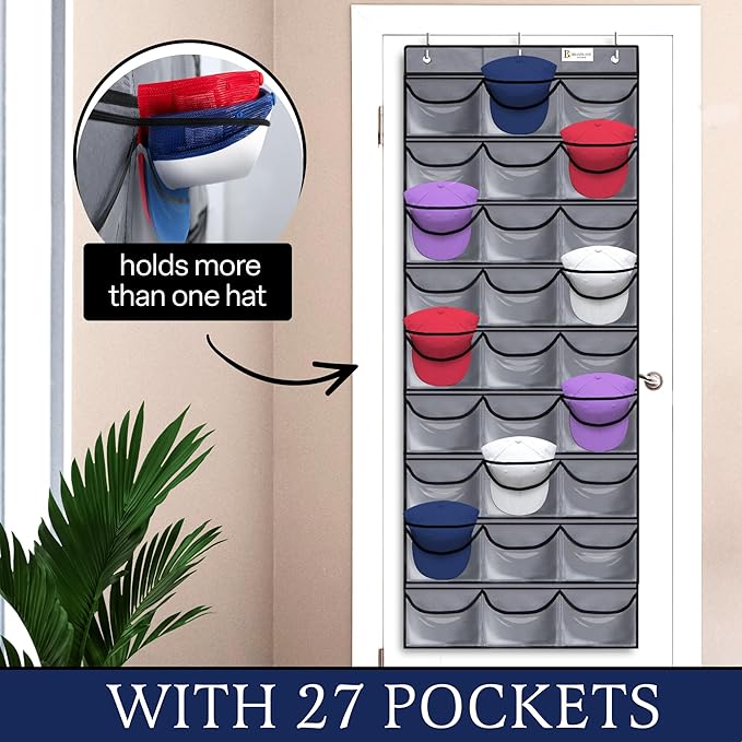 Brandland Hat Organizer for Baseball Caps – 27 Clear Pockets Over-the-Door Rack – Space-Saving Cap Holder Organizer for Hats, Visors, and Accessories – Gray