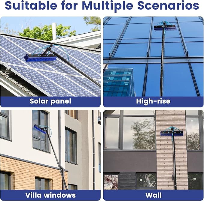 Water Fed Pole Kit, 33 FT Length Adjustable Solar Panel Window Cleaning Brush and Pole, 4-33ft Aluminium Pole Window Washing Kit for Cleaning Windows, Solar Panels and Roof