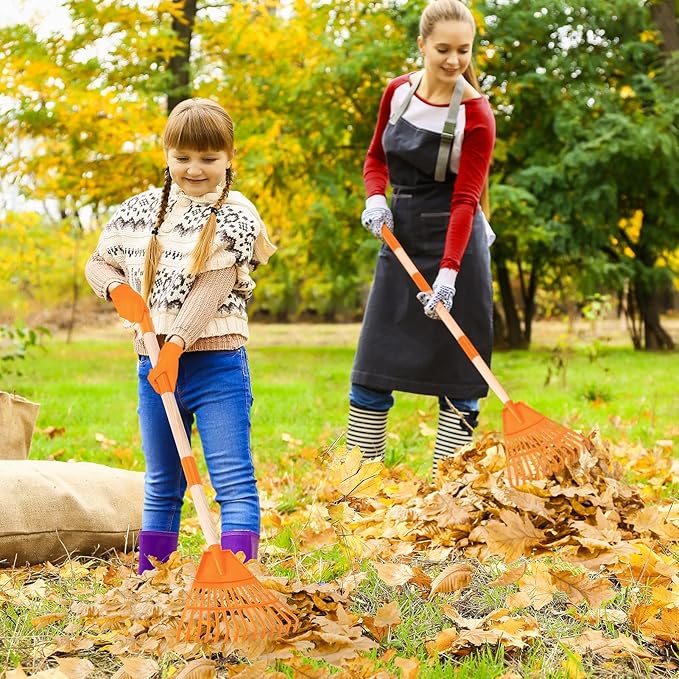 4 Pcs 35'' Kids Rakes for Leaves - Plastic Rake Head with 4 Pairs Kids Gloves, Small Kids Lawn Rakes Detachable Wooden Handle, Autumn Garden Tool Set for Kids Boys and Girls, Orange, 3yr+