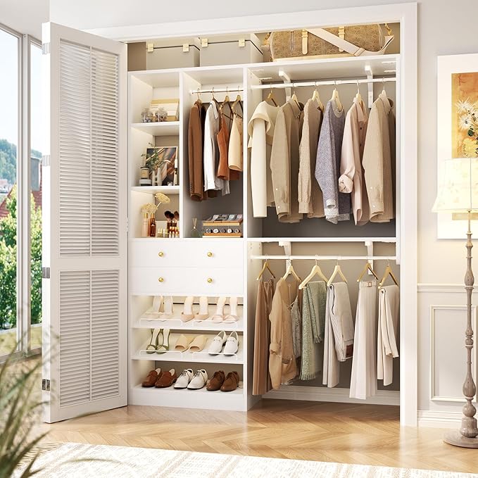 Closet System with 2 Drawers - Reversible 5FT Wood Closet Organizer System with 3 Hanging Rods and Adjustable Shelf Shoe Rack, White