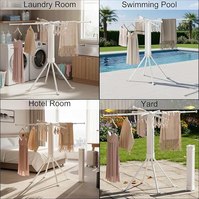 Clothing Drying Racks Folding Laundry Clothing Rack with 16 Clips Retractable Clothes Drying Rack Collapsible Towel Rack Drying Rack for Indoor, RV, Dorm, Yard, Camping, Outdoor