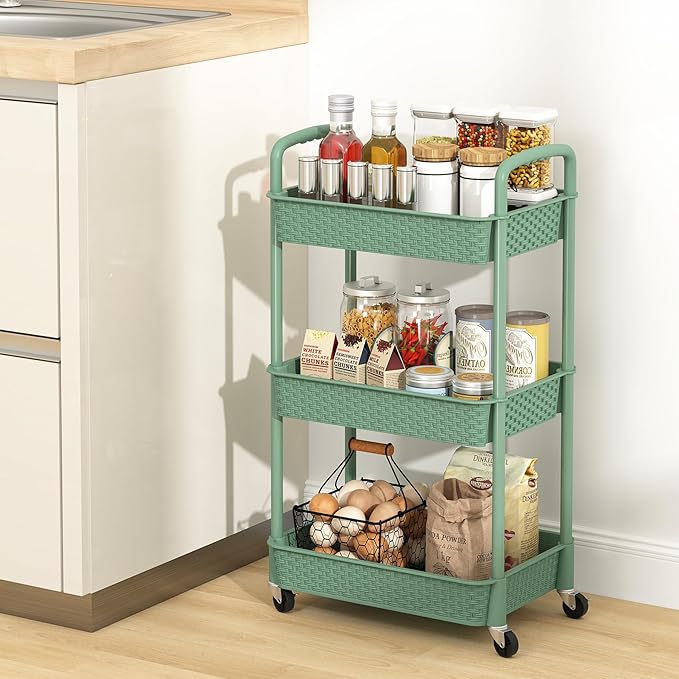 MOYIPIN 3-Tier Plastic Rolling Utility Cart with Handle,Utility Storage Cart for Office, Living Room, Kitchen,Movable Storage Organizer Shelves,Green