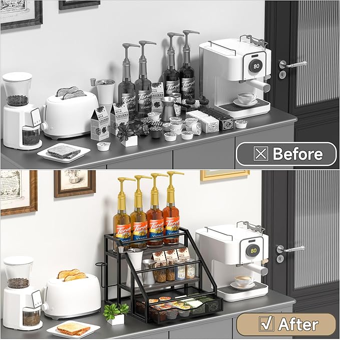 Coffee Syrup Rack Organizer, Spice Racks, Syrup Bottle Holder Stand for Coffee Bar, 3-Tier 12 Bottles Storage Shelves for Syrup, Wine, Dressing for Kitchen Countertop, Grey
