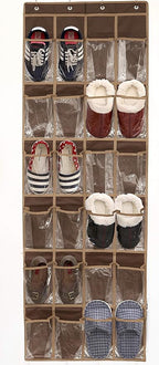 Simple Houseware 24 Pockets - Crystal Clear Over The Door Hanging Shoe Organizer, Brown (64'' x 19'')