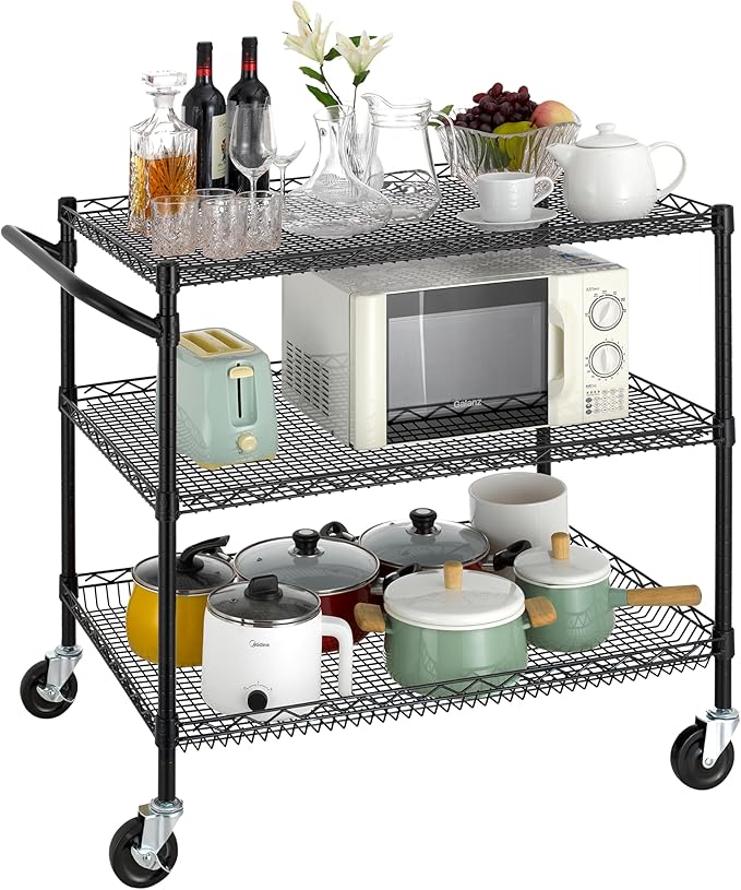 Finnhomy 3 Tier Heavy Duty Commercial Grade Utility Cart, Wire Rolling Cart with Handle Bar, Steel Service Cart with Wheels, Kitchen Carts on Wheels, Metal Cart Shelf Size 24" D x 36" W, NSF, Black