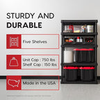 IRIS USA 5-Shelf Heavy Duty Plastic Storage Shelves, 750lb Capacity, 68" H x 36" W x 18" D, Large Modular Shelving Unit Storage Organizer for Garage, Home, Warehouse & Gym, Storage Rack - Black