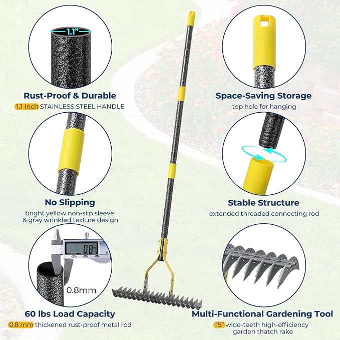 Thatch Rake, 51" Heavy Duty Metal Dethatcher Rake with 15" Wide Double-Edged Sharp Tines Thatch Rakes for Lawns,Dead Grass Removal,Soil Loosening,Lawn Care, Dethatching,Yard,Garden