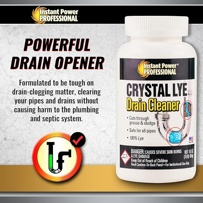 Instant Power Professional Crystal Lye Drain Cleaner, Drain Clog Remover Made of Pure Lye Crystals (12 Pack)