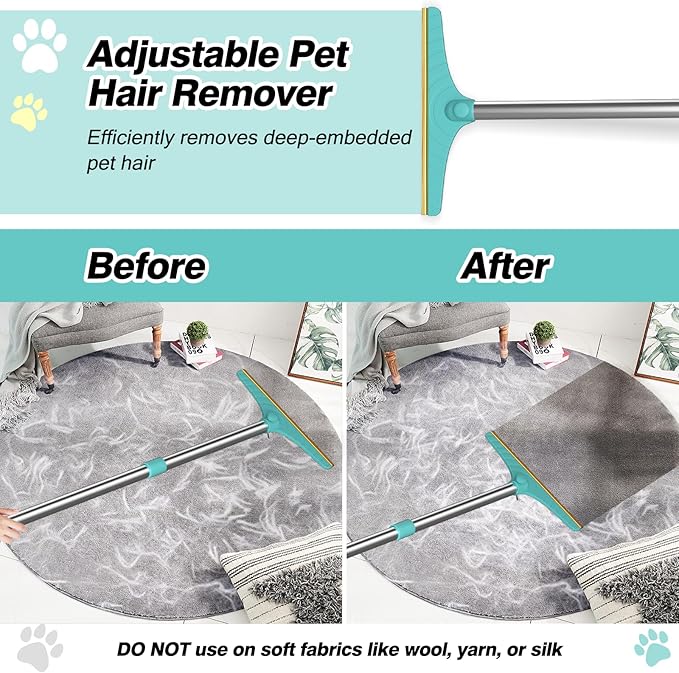 Carpet Rake for Pet Hair Removal, Reusable Cat Dog Hair Remover with 45’’ Long Handle Advanced Lint Remover Scraper for Carpets, Rugs, Mats, Couch