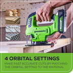 Greenworks 24V Brushless Cordless 1" Jig Saw (3,000 SPM / 4 Settings/Bevel 0°-45°/ LED Light), 1.5Ah Battery and Fast Charger Included