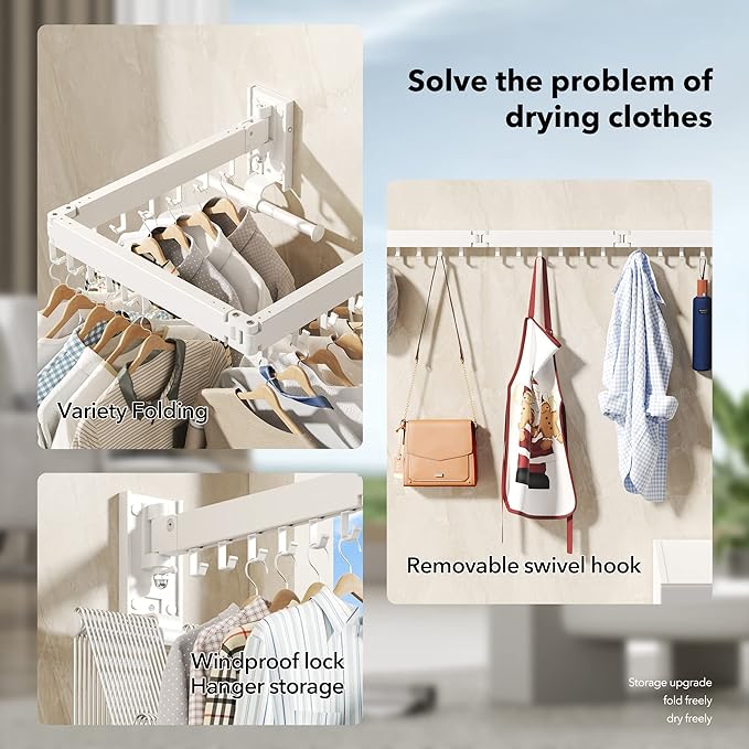 Wall Mounted Clothes Hanger Rack, Clothes Drying Rack,Laundry Drying Rack,Collapsible Clothes Rack Wall Mount, Retractable Drying Rack Clothing,can Fold Upward & Left & Right,White Color