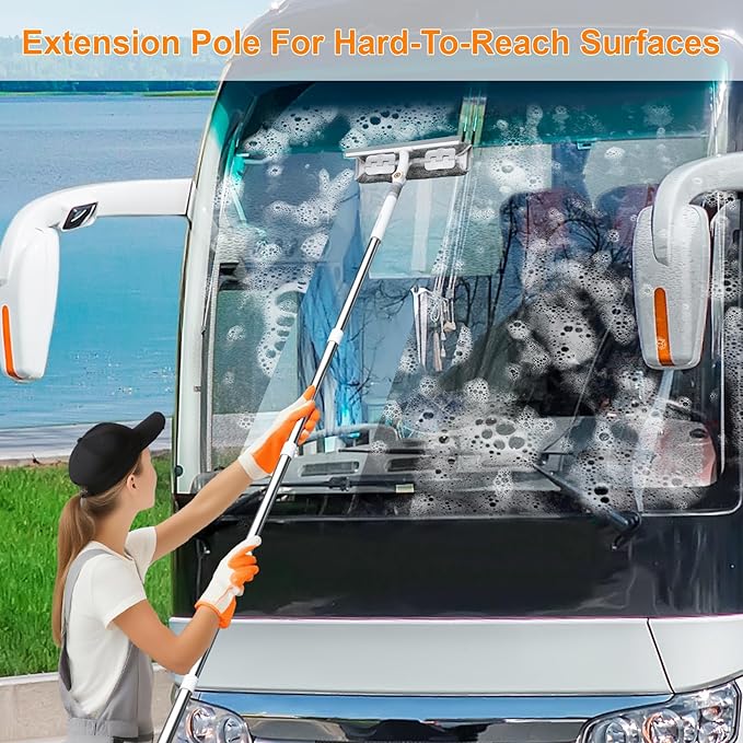 MUEE Window Cleaning kit,2-in-1 Adjustable Window Washing Squeegee Kit with Extension Pole,Squeegee Window Cleaner Tool with Scrubber and Rotating Head for Indoor and Outdoor Window
