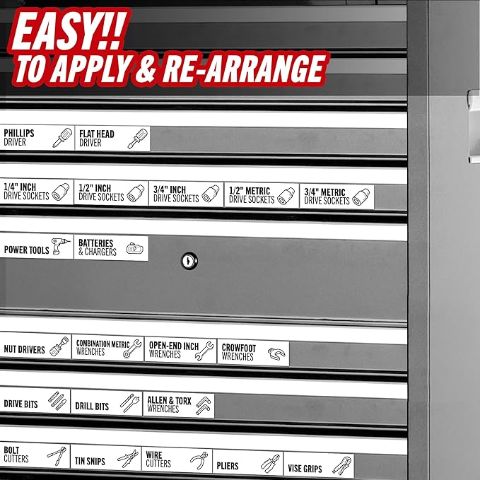 Toolbox Organization Magnetic Labels-80 Large Tool Chest Organizer Labels-Strong Magnets-Fits All Brands of Steel Tool Box Drawers(White 3.125x1.0 in)