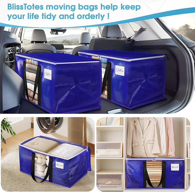 BlissTotes 8 Pack Moving Bags with Clear Window, Storage Bags with Strong Carrying Handles & Zippers,Large Packing Bags for Saving Space, Alternative to Moving Boxes(Blue,24 Gallon)