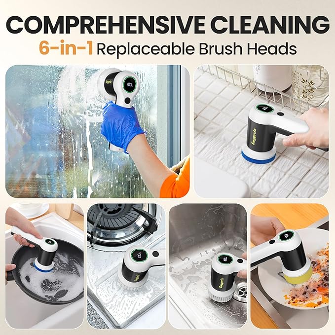 Electric Spin Scrubber, Cordless Shower Scrubber with Battery LCD Display for Kitchen, Bathroom and Window Cleaning Brush with 6 Replaceable Brush Heads, Full Body Waterproof IPX7-SD-CTB02