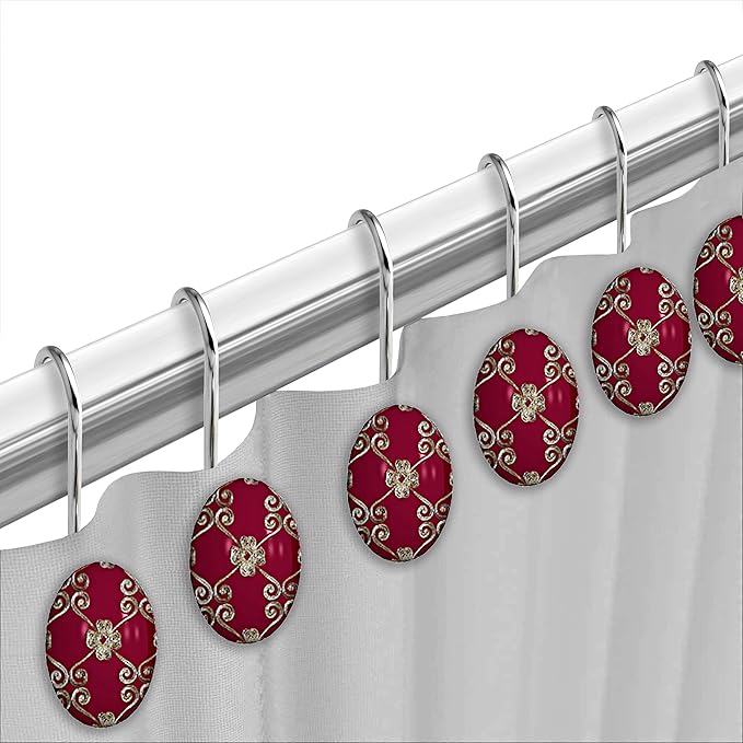 Zahari Home 13pc Elegant Rose Bathroom Shower Curtain Sets Elegant Shower Curtain & 12 Shower Curtain Rings Contemporary Decor Burgundy Shower Curtain Unique Design Stylish Shower Accessories