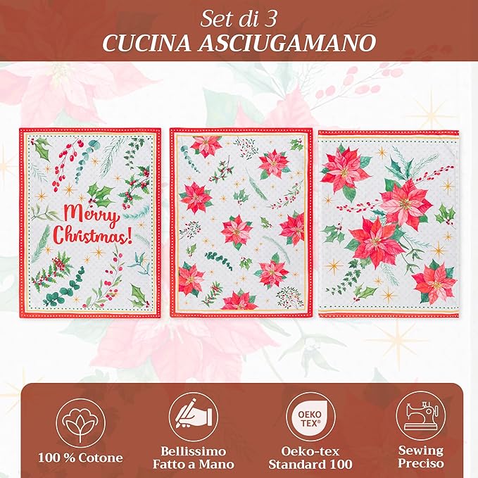 Maison d' Hermine Kitchen Towels Set of 3 100% Cotton 27.50" x 20" Reusable Cloth Tea Dish Towels Absorbent with Hanging Loop for Kitchen, Home, Dining, Cocktail Parties (Poinsettia Christmas)
