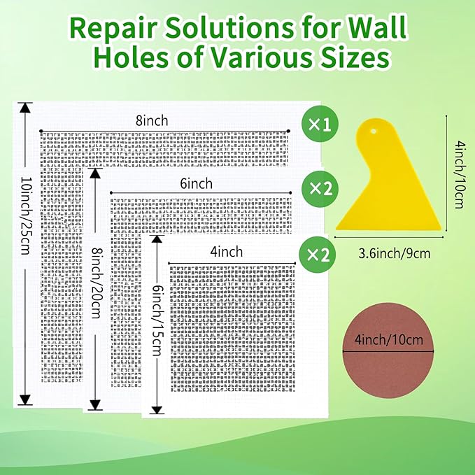 8 Pack Drywall Repair Kit, 4/6/8 Inch Dry Wall Patch Kits for Small to Medium Holes with Scraper&Sandpapers, Heavy Duty Self-Adhesive Mesh, Drywall Hole Repair Kit for Wall Ceiling