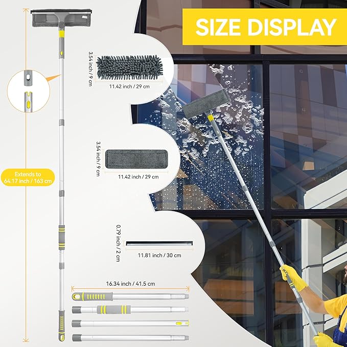 JEHONN Window Cleaning Squeegee Kit, 64 inches Tall Professional Shower Glass Washing Equipment, 3 in 1 Wall Cleaner Duster with Extension Pole for Home Indoor Outdoor Mirror Car Windshield