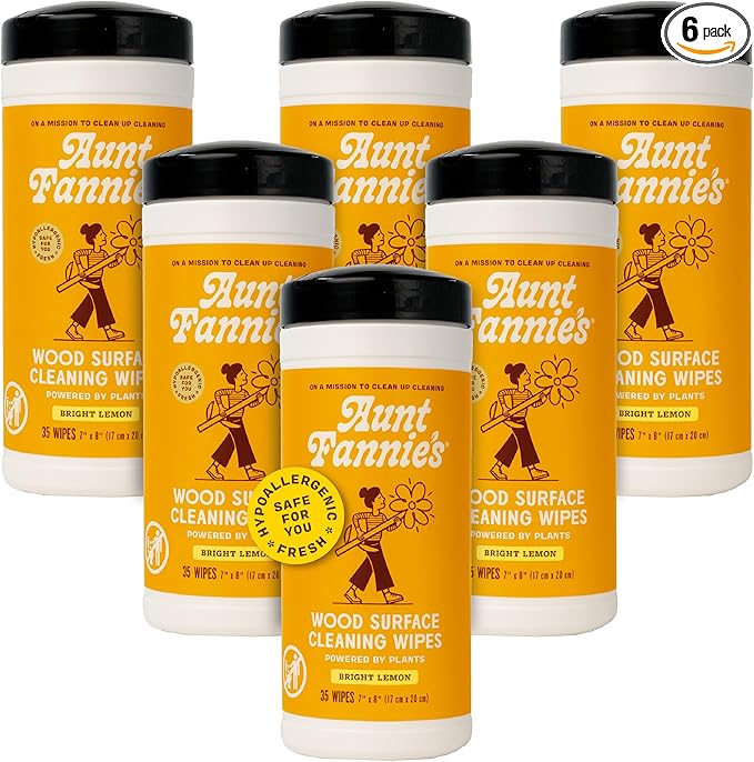 Aunt Fannie's Wood Surface Cleaning Wipes, Multipurpose Wood Surface Cleaner for Cabinets, Furniture, and Floors, Lemon Scent, 35 Count (Pack of 6)