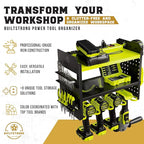 Heavy-Duty Metal Tool Storage Rack - 3-Tier Wall Mount Organizer, Drill Holder, Utility Racks, PegBoard Side, Garage Storage (Green)